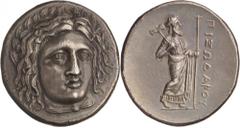 Asia Minor. Satraps of Caria. Pixodaros, c. 341/0 - 336/5 BC. Tetradrachm. (Silver, 15.25g., 25.8mm). Laureate head of Apollo facing, three-quarter facing to right, with top of his cloak visible at hi