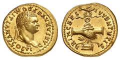 EMPIRE ROMAIN Domitien César 69-81. Aureus 79. CAESAR AVG F DOMITIANVS COS VI Tête laurée de Domitien à droite / PRINCEPS - IVVENTVTIS Deux mains jointes tenant une aigle romaine au-dessus d'une proue