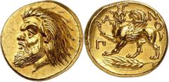 Greek World Cimmerian Bosporos. An extraordinary Pantikapaion gold Stater coming from the Michailovitch collection. Pantikapaion. Gold Stater, circa 360-350 BC. Head of bearded Pan with goat's ear and