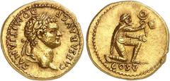 EMPIRE ROMAIN Domitien César 69-81. Aureus 77-78, Rome. CAESAR AVG F - DOMITIANVS Tête laurée de Domitien à droite / Sarmate à genou à droite présentant une enseigne militaire; à l'exergue, COS V. 7,2