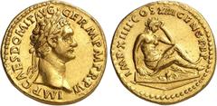 EMPIRE ROMAIN Domitien 81-96. Aureus 87 ap. J.-C., Rome. IMP CAES DOMIT AVG - GERM P M TR P VI Tête laurée de Domitien à droite / IMP XIIII COS XIII CENS P P P Femme germaine assise à droite sur un bo