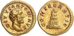 EMPIRE ROMAIN Antonin le Pieux 138-161. Aureus après 161, Rome. DIVVS ANTONINVS Tête nue d'Antonin le Pieux à droite / CONSECRATIO Bûcher funéraire à quatre étages, orné de guirlandes, de draperies et