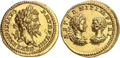 EMPIRE ROMAIN Septime Sévère 193-211. Aureus 201, Rome. SEVERVS PIVS AVG - P M TR P VIIII Tête laurée de Septime Sévère à droite / AETERNIT IMPERI Bustes affrontés de Caracalla, lauré, drapé et cuiras