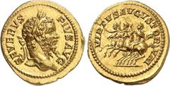 EMPIRE ROMAIN Septime Sévère 193-211. Aureus 202-210, Rome. SEVERVS - PIVS AVG Tête laurée de Septime Sévère à droite / VIRTVS AVGVSTOR-VM Septime Sévère entre Geta et Caracalla, chacun levant la main