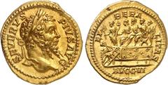 EMPIRE ROMAIN Septime Sévère 193-211. Aureus 202-210, Rome. SEVERVS - PIVS AVG Tête laurée de Septime Sévère à droite / LI-BERA-LITAS / AVGG VI Septime Sévère entouré de Caracalla et Geta assis à gauc