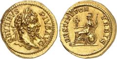 EMPIRE ROMAIN Septime Sévère 193-211. Aureus 202-210, Rome. SEVERVS - PIVS AVG Tête laurée de Septime Sévère à droite / RESTITVTOR - VRBIS Rome assise à gauche, tenant le Palladium et un sceptre; derr