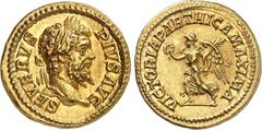 EMPIRE ROMAIN Septime Sévère 193-211. Aureus 202-210, Rome. SEVERVS - PIVS AVG Tête laurée de Septime Sévère à droite / VICTORIA PARTHICA MAXIMA Victoire courant à gauche, tenant une couronne et une p