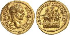 EMPIRE ROMAIN Caracalla 198-217. Aureus 208, Rome. ANTONINVS - PIVS AVG Tête laurée de Caracalla à droite / PONTIF TR P XI COS III Caracalla lauré et Geta la tête nue assis de face sur une estrade; en