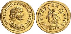 EMPIRE ROMAIN Carin César 282-283. Aureus 283, Antioche. IMP C M AVR CARINVS NOB C Buste lauré et cuirassé de Carin à droite / VICTOR-IAE - AVGG Victoire marchant à droite avec une couronne et une pal