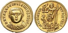 EMPIRE ROMAIN Licinius II César 317-324. Aureus 321-322, Nicomédie. D N VAL LICIN LICINIVS NOB C Buste drapé et cuirassé de Licinius II de face / IOVI CONSER-VATORI CAES Jupiter assis de face sur une 