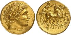 Le Monde Grec Royaume de Macédoine, Philippe II, 359-336. Statère d'or, frappe posthume, 323-316, Abydos. Tête laurée d'Apollon à droite / FILIPPOU Quadrige au galop conduit par un aurige à droite; au