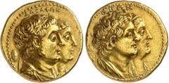 Le Monde Grec Royaume d'Égypte, Ptolémée II, 283/2-246. Mnaieion ou Octodrachme d'or 272-270, Alexandrie. ADELFWN Bustes accolés, diadémés et drapés de Ptolémée II et Arsinoé II, à droite; derrière, u
