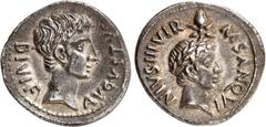 EMPIRE ROMAIN Auguste, 27 av. J.-C - 14 ap. J.-C. Denier vers 17 av. J.-C, Rome. Monétaire M. Sanquinius. AVGVSTVS - DIVI F Tête nue d'Auguste à droite / M SANQVI-NIVS III VIR Tête laurée de Jules Cés