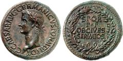 EMPIRE ROMAIN Caligula, 37-41. Sesterce vers 37-38, Rome. C·CAESAR·AVG·GERMANICVS·PON·M·TR·POT Tête laurée de Caligula à gauche. / SP.Q.R - P.P - OB.·CIVES - SERVATOS dans une couronne de chêne nouée 