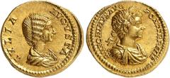 EMPIRE ROMAIN Julia Domna, épouse de Septime Sévère, 193-211. Aureus 196-211, Rome. IVLIA - AVGVSTA Buste de Julia Domna à droite / ANTONINVS AVG - PONT TR P IIII Buste lauré de Caracalla à droite. 7,