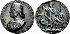 MEDAGLIE PAPALI, ITALIANE ED ESTERE BOLOGNA Pirro Malvezzi, 1429-1505. Medaglia opus Donino Berardi. Æ gr. 152,89 mm 69,5 Busto a s. Rv. Malvezzi seduto di ¾ su di un mostro con testa di leone e corpo