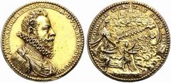 MEDAGLIE STRANIERE BELGIO Antwerp. Alessandro Farnese, 1545-1592. Medaglia in Bronzo dorato 1585. Æ Dorato gr. 23,54 mm 46 Busto a d.; sotto ÆT 40. Rv. Scena nella quale un Satiro sveglia Alessandro e