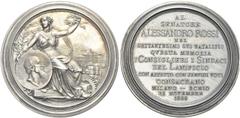 MEDAGLIE ITALIANE SCHIO. Durante Vittorio Emanuele II, 1861-1878. Medaglia 1889 opus L. Pogliaghi e A. Cappuccio. Ag gr. 117,50 mm 64,2 Dr. La Fama seduta verso d., regge serto di alloro e ramo di que