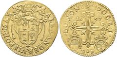 MONETE ITALIANE REGIONALI BOLOGNA. Alessandro VII (Fabio Chigi), 1655-1667. Doppia 1657. Au gr. 6,53 Dr. ALEXANDER VII PON MAX. Stemma papale semiovale gigliato. Rv. BONONIA DOCET. Croce gigliata; ai 