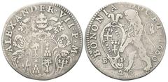 Monete italiane BOLOGNA Alessandro VII (Fabio Chigi), 1655-1667. Lira 1660. Ag gr. 6,05 Dr. ALEXANDER VII P M. Stemma papale a targa oblunga sormontato da triregno e chiavi decussate tra stemma Carafa