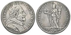 Monete italiane ROMA Alessandro VIII (Pietro Ottoboni), 1689-1691. Piastra 1690 a. I. Ag gr. 31,32 Dr. ALEXANDER VIII PONT MAX A I. Busto a d., con camauro, mozzetta e stola decorata con imprese arald