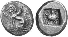 GRIECHISCHE MüNZEN DYNASTEN VON LYKIEN UNBESTIMMTE DYNASTEN No.: 155 Schätzpreis-Estimation: DM 2500,- Stater, ca. 480 - 460, Patara (?). Sphinx mit erhobener, rechter Vorderpranke auf doppelter, gepe