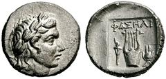 GRIECHISCHE MÜNZEN LYKIEN PHASELIS (pseudo-League Coinage) Drachme, Ende 2. Jh., Phaselis. Kopf des Apollon mit Lorbeerkranz nach rechts. Rs: FASELI. Lyra in Quadratum incusum, links Fackel, rechts Is
