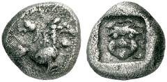 GRIECHISCHE MÜNZEN LYKIEN UNBESTIMMTE MÜNZSTÄTTEN Hemidrachme, 1. Hälfte 5. Jh., Münzstätte vermutlich in Lykien. Chimaira mit Kopf und Körper eines Löwen nach rechts, aus dem Rücken Ziegenkopf heraus