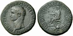 RÖMISCHE MÜNZEN KAISERREICH CLAUDIUS (41 - 54) NERO CLAUDIUS DRUSUS (36 - 9 v. Chr.) Sesterz, 42 - 43, Rom. NERO·CLAVDIVS·DRVSVS·GERMANICVS·IMP·. Barhäuptiger Portraitkopf des Nero Claudius Drusus nac