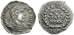 RÖMISCHE MÜNZEN KAISERREICH VALENS (364 - 378) Siliqua, 353, Sirmium. D N VALENS - P F AVG. Drapierte Büste mit Perldiadem nach rechts. Rs. Kranz, darin VOTIS / XXX / MVLTIS / XXXX, unter dem Kranz SI