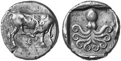 ERETRIA No.: 314 Schätzpreis-Estimation: EUR 3000.- d=24 mm Stater, ca. 500-465 v.Chr. Kuh mit zurückgewandtem Kopf nach rechts stehend und am angehobenen, rechten Hinterhuf leckend; im Feld darunter 