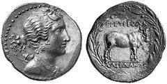 ERETRIA No.: 344 Schätzpreis-Estimation: EUR 12500.- d=32 mm Tetradrachmon, nach 180 v.Chr. Drapierte Büste der Artemis mit am Hinterkopf zusammengebundenen Haaren, dreiteiligem Ohrschmuck und Halsket