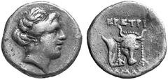 ERETRIA No.: 351 Schätzpreis-Estimation: EUR 300.- d=15 mm Triobol, nach 180 v.Chr. Weiblicher Kopf mit eingerolltem Haar, Haarband, einteiligem Ohranhänger und Halskette rechts. Rs: EPETRI. Kopf und 