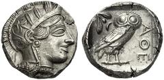 GRIECHISCHE MÜNZEN ATTIKA ATHEN Tetradrachme, 449 - 404. Kopf der Athena im attischen Helm und mit Halskette nach rechts, auf der Kalotte Lotusblüte und drei Lorbeerblätter. Rs: AΘE. Eule in Quadratum