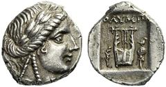 GRIECHISCHE MÜNZEN LYKIEN OLYMPOS Hemidrachme, circa 167 - 81, 'pseudo'-Bundesprägung von Olympos. Kopf des Apollon mit Lorbeerkranz nach rechts. Rs: OΛΥMΠ. Lyra, links Zweig, rechts Tropaion, bestehe
