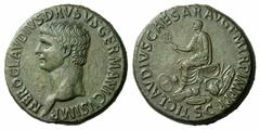 RÖMISCHE MÜNZEN KAISERREICH CLAUDIUS (41 - 54) DRUSUS MAIOR (38 - 9 v. Chr.) Sesterz, 42 - 43, Rom. NERO CLAVDIVS DRVSVS GERMANICVS IMP, Kopf nach links. Rs: TI CLAVDIVS CAESAR AVG P M TR P IMP P P / 