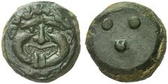 GRIECHISCHE MÜNZEN SIZILIEN HIMERA Tetras, nach 420 v. Chr. Gorgoneion mit großen Haarlocken und runder Gesichtsform sowie kugelförmigen Pupillen. Rs.: Drei Wertkugeln. Calciati I S. 31f. 18, SNG Cope