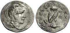 GRIECHISCHE MÜNZEN ATTIKA ATHEN Tyrann Lachares (296 - 295). Tetradrachme, 185/4. Kopf der Athena mit attischem Helm nach rechts. Rs: A-ΘE, Eule von zwei Monogrammen flankiert auf Amphora, Buchstabe Γ