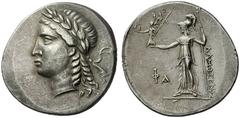 GRIECHISCHE MÜNZEN LYKIEN PHASELIS Tetradrachme, 167 - 130, Magistrat Damoxenos. Kopf des Apoll mit Lorbeerkranz nach links. Rs: ΦA, Athena im archaischen Stil steht mit Lanze und Nike nach links, ent