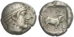 GRIECHISCHE MÜNZEN THRAKIEN AINOS Tetradrachme, um 465 v. Chr. Kopf des Hermes mit Petasos (darunter Lorbeerkranz) nach rechts. Rs: AINI, Ziegenbock mit Eufeukranz behängt schreitet nach rechts, vor i