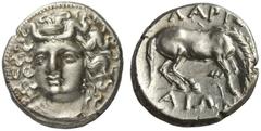 GRIECHISCHE MÜNZEN THESSALIEN LARISSA Drachme, 356 - 342. Kopf der Nymphe Larissa mit Ampyx leicht nach links gewandt. Rs: LARIS - AIWN, grasendes Pferd nach rechts, darunter Pflanze (!). BCD 1156, Lo
