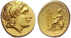 GRIECHISCHE MÜNZEN BITHYNIEN KALCHEDON Goldstater, im Namen und Stil des Lysimachos, nach 281 v. Chr. Kopf des vergöttlichten Alexanders als Zeus Ammon mit Diadem nach rechts. Rs: BASILEWS - LUSIMAXOY