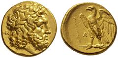 GRIECHISCHE MÜNZEN KALABRIEN PYRRHOS VON EPIROS (281 - 272) Golstater, 276 - 272, Tarent. Kopf des Zeus mit Lorbeerkranz nach rechts, dahinter NK-Monogramm. Rs: TAPANTINΩN, Adler auf Blitznach links s