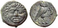 GRIECHISCHE MÜNZEN SIZILIEN KAMARINA Tetras, 420 - 405. Gorgonenkopf mit wilderem Ausdruck. Rs: KAMA (im linken Feld), Eule mit Eidechse in den Fängen steht nach rechts, in exergue drei Wertkugeln. We