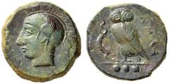GRIECHISCHE MÜNZEN SIZILIEN KAMARINA Tetras, 420 - 405. Großer Kopf der Athena mit Helm nach links. Rs: KAMA (Legende von unten nach oben), Eule mit Eidechse in den Fängen steht nach links, in exergue