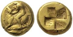 GRIECHISCHE MÜNZEN MYSIEN KYZIKOS Elektronhekte, 400 - 350. Geflügelter Eros ringt Stier nieder, die Szene nach links, darunter Thunfisch nach links. Rs: Quadratum Incusum. Liewald SND 81 (2002) 9b (s