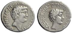 RÖMISCHE MÜNZEN REPUBLIK MARCUS ANTONIUS und OCTAVIAN Denar, 41, Athen, M. Marcus Antonius und M. Barbatus. M ·ANT ·IMP ·AVG ·IIIVIR ·R ·P C M BARBAT Q P, Portraitkopf des Marc Anton nach rechts. Rs: 