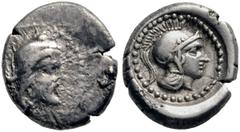 GRIECHISCHE MÜNZEN DYNASTEN VON LYKIEN DDENEVELE(?) Silber Triobol, ca. 410 - 400. Satrapenkopf mit Kyrbasia nach rechts. Rs: Behelmter Kopf der Athena nach rechts, das Ganze in einem Perlkreis. SNG v