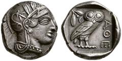 GRIECHISCHE MÜNZEN ATTIKA ATHEN Tetradrachme, vor 421 v. Chr. Kopf der Athena im attischen Helm mit Lorbeerkranz nach rechts. Rs: ΑΘΕ. Eule steht nach rechts, Kopf frontal, im linken Feld Olivenzweig,