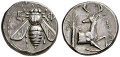 GRIECHISCHE MÜNZEN IONIEN EPHESOS Tetradrachme, 350 - 330, Magistrat Timolas. E - Φ. Biene. Rs: ΤΙΜΟΛΑΣ. Hirschprotome nach rechts. Dahinter Palme. cf.S.4372, Coin Hoards CH IX, Class F [obv.89], Pixo